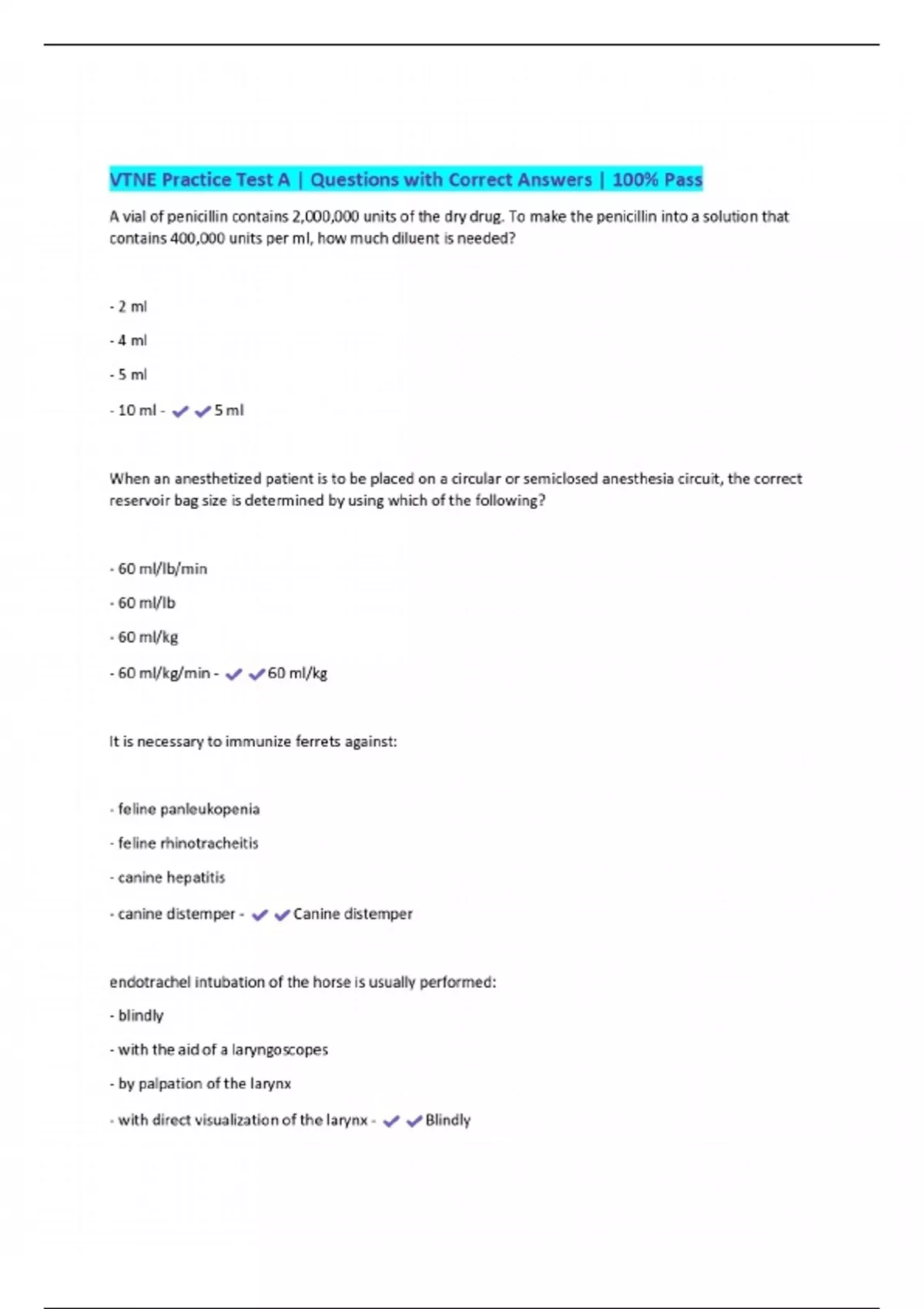 VTNE Practice Test A | Questions with Correct Answers | 100% Pass ...