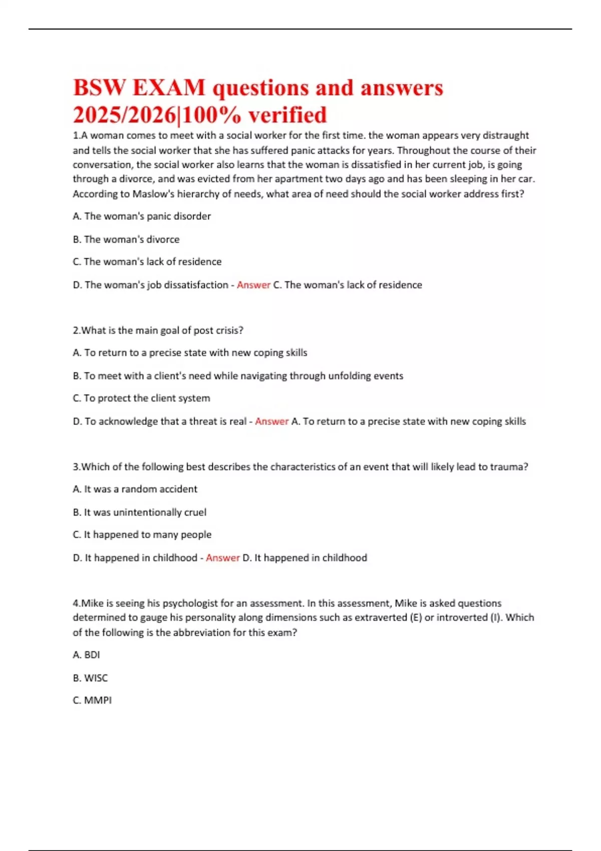 BSW Exam Questions and Verified Answers 2025/2026 | 100% Accurate Prep ...