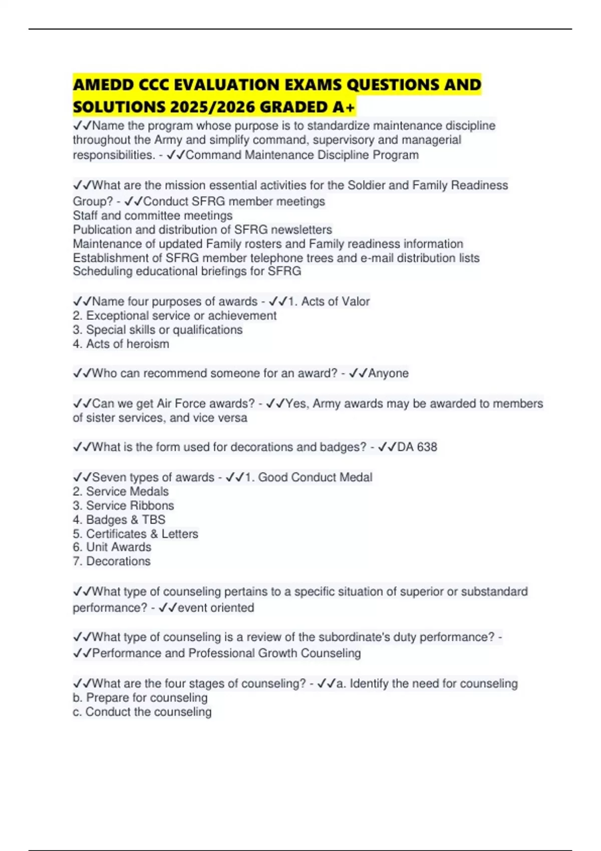 Ccc Eval Example AMEDD CCC EVALUATION EXAMS QUESTIONS AND SOLUTIONS 2025/2026 GRADED A+ ...