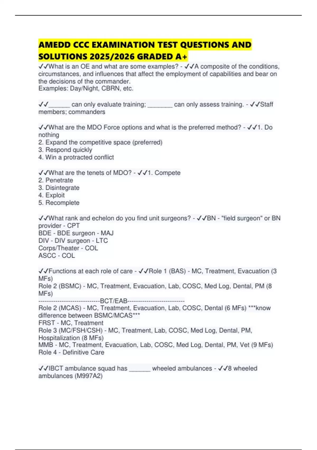 AMEDD CCC EXAMINATION TEST QUESTIONS AND SOLUTIONS 2025/2026 GRADED A+ ...