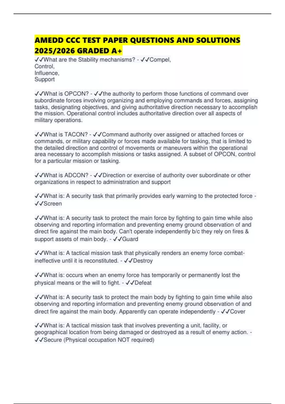 AMEDD CCC TEST PAPER QUESTIONS AND SOLUTIONS 2025/2026 GRADED A+ ...