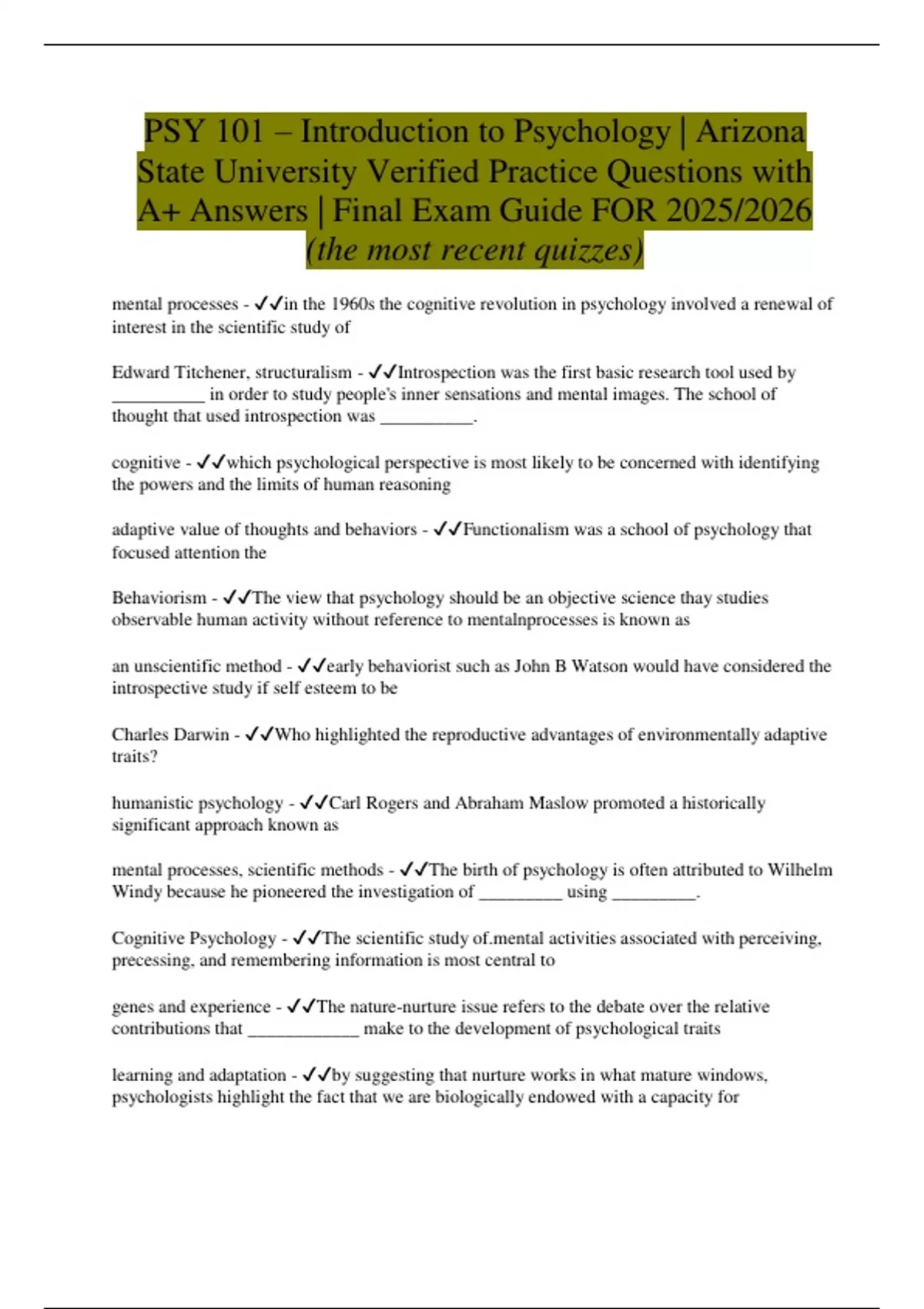 PSY 101 – Introduction to Psychology | Arizona State University ...