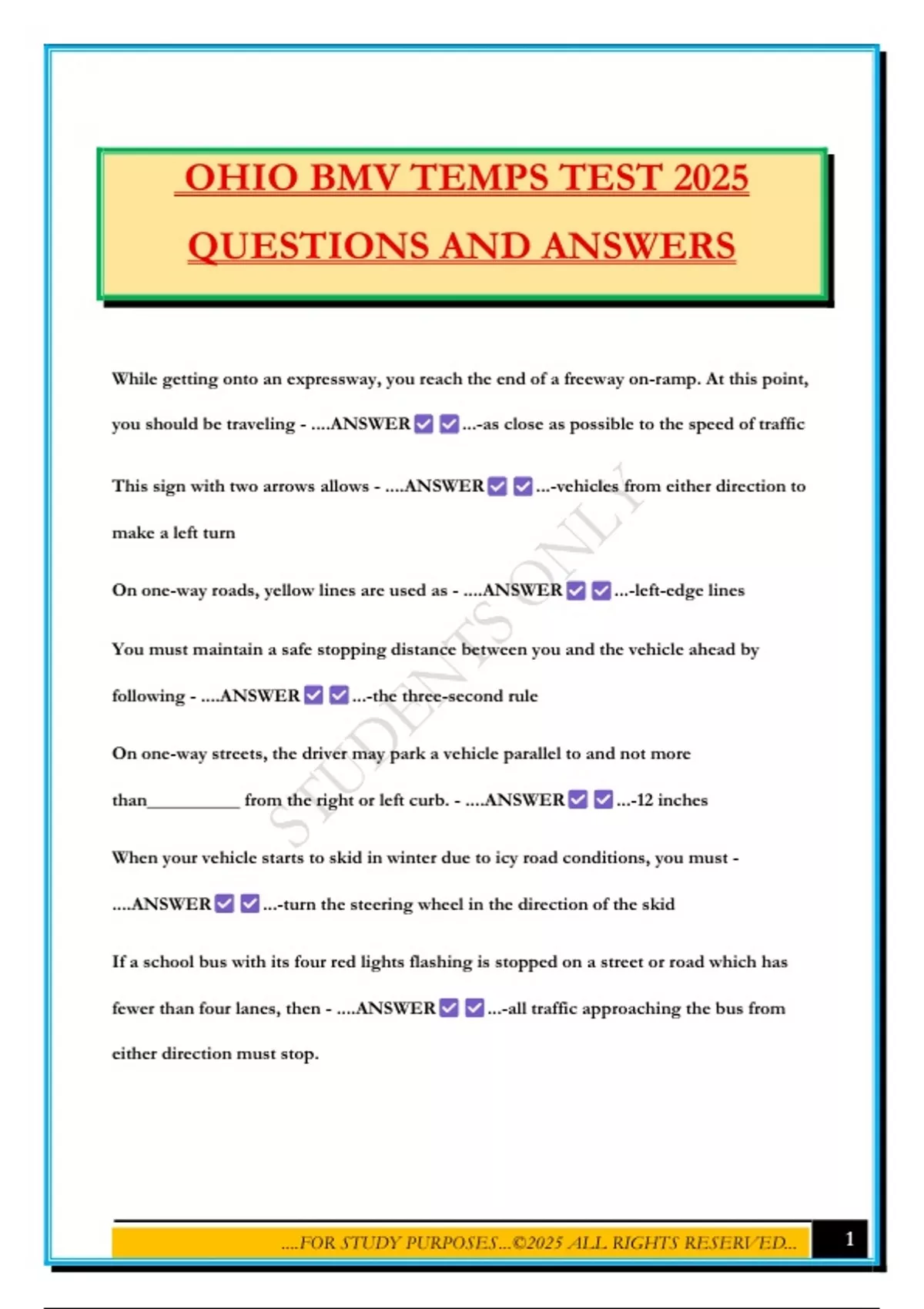 OHIO BMV TEMPS TEST 2025 QUESTIONS AND ANSWERS - OHIO BMV - Stuvia US