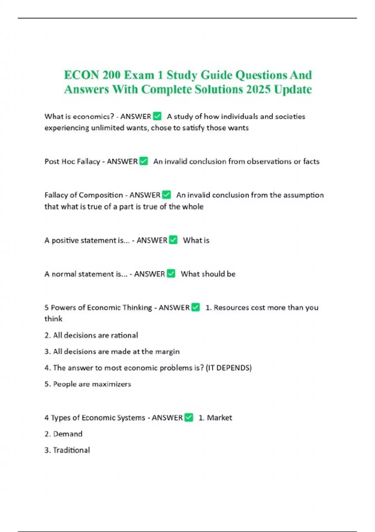 ECON 200 Exam 1 Study Guide Questions And Answers With Complete ...