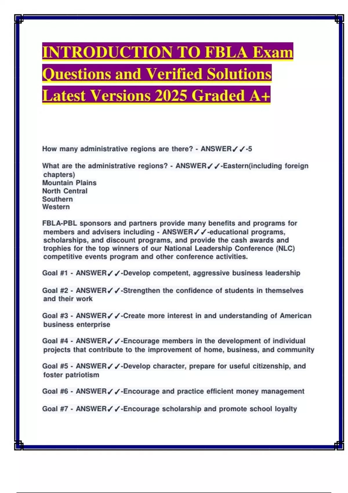Fbla Testing INTRODUCTION TO FBLA Exam Questions and Verified Solutions Latest ...