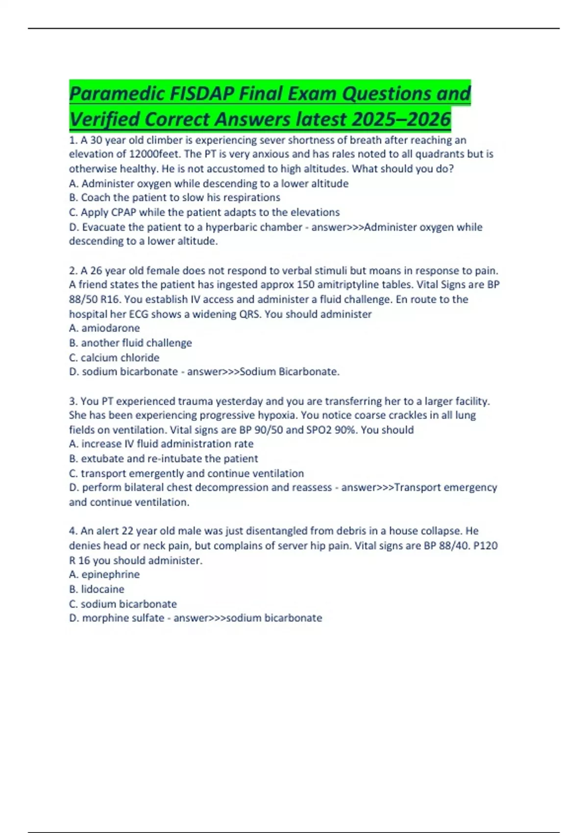 Paramedic FISDAP Final Exam Questions and Verified Correct Answers ...