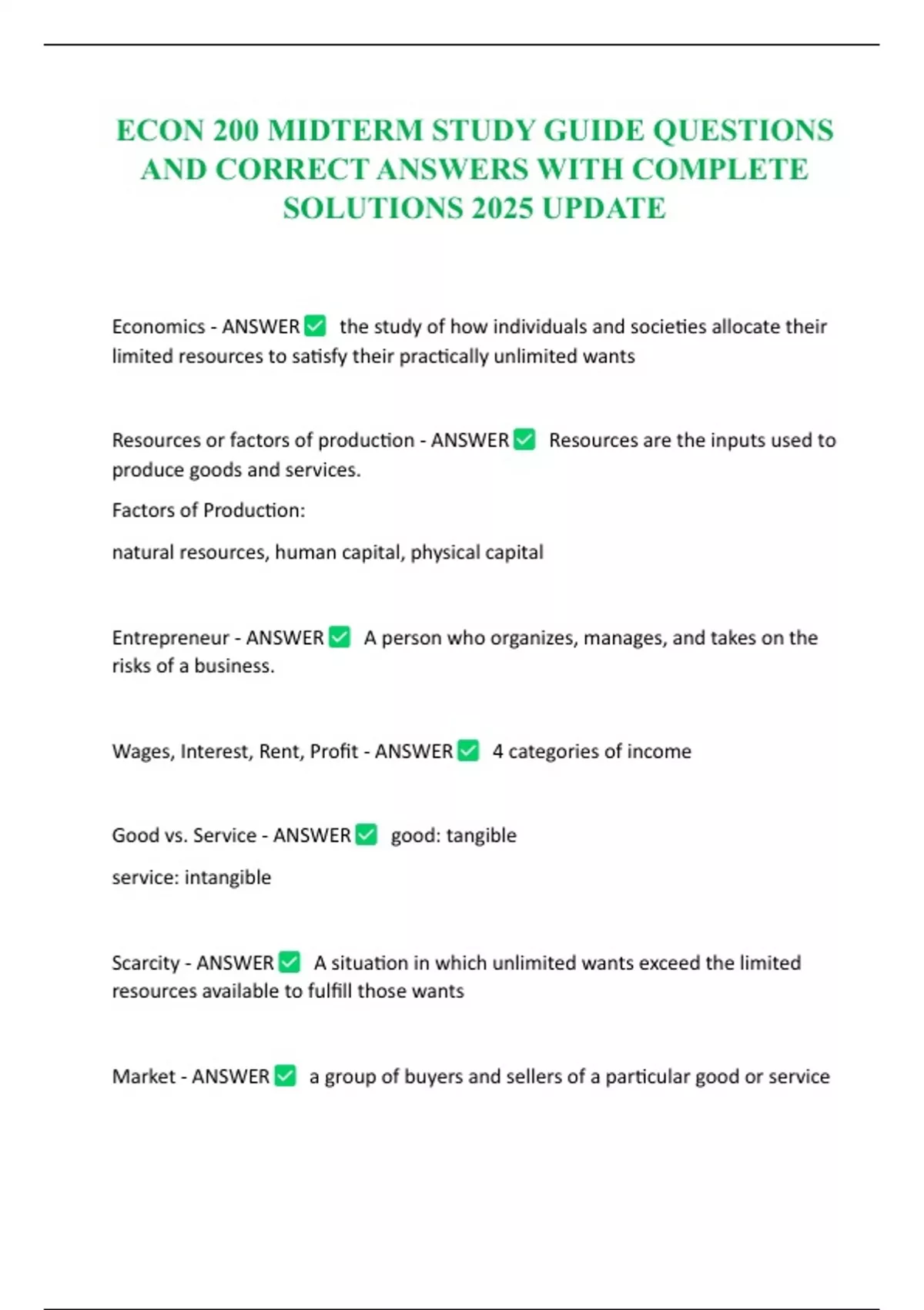 ECON 200 MIDTERM STUDY GUIDE QUESTIONS AND CORRECT ANSWERS WITH ...