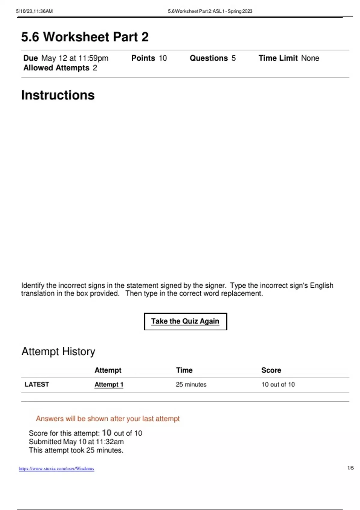 5.6 Worksheet Part 2_ Summer 2023 ASL 1 | All Answers are Correct - ASL