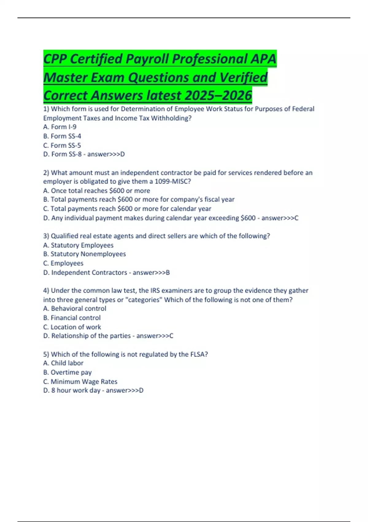 CPP Certified Payroll Professional APA Master Exam Questions and Verified Correct Answers latest ...