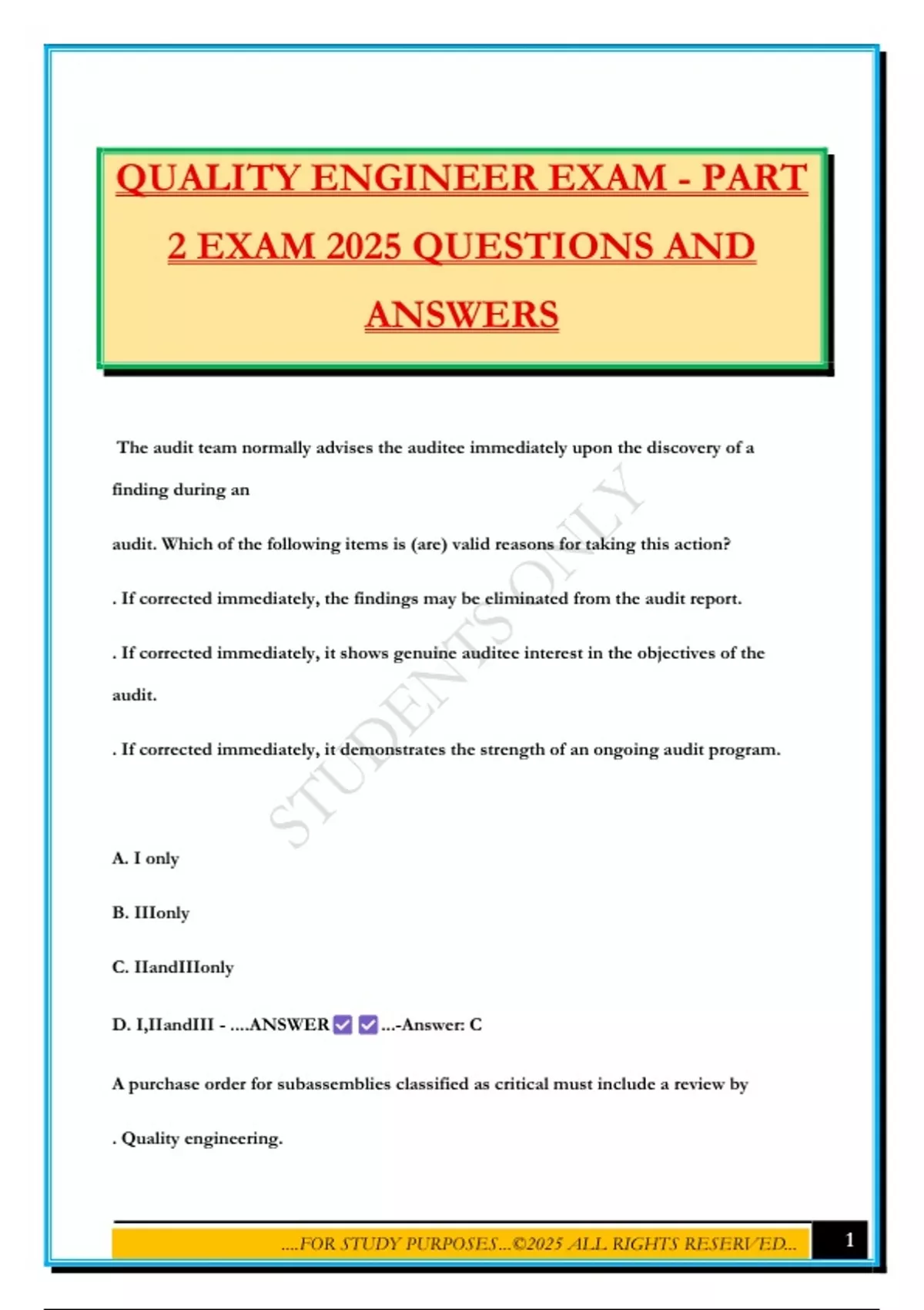 QUALITY ENGINEER EXAM - PART 2 EXAM 2025 QUESTIONS AND ANSWERS - CQA ...