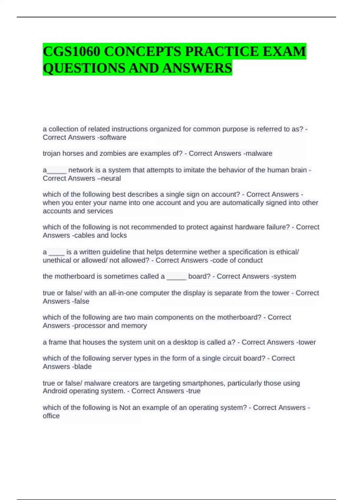 CGS1060 CONCEPTS PRACTICE EXAM QUESTIONS AND ANSWERS - CGS1060 - Stuvia US