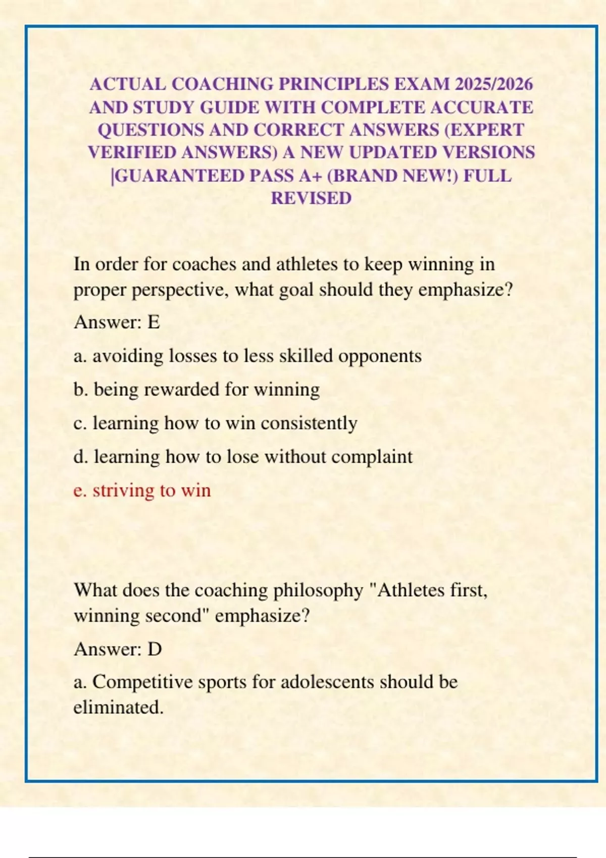 ACTUAL COACHING PRINCIPLES EXAM 2025/2026 AND STUDY GUIDE WITH COMPLETE ...