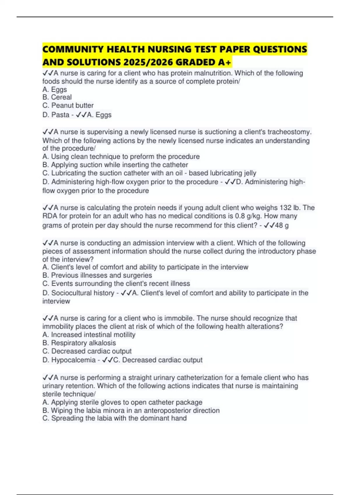 COMMUNITY HEALTH NURSING TEST PAPER QUESTIONS AND SOLUTIONS 2025/2026 ...