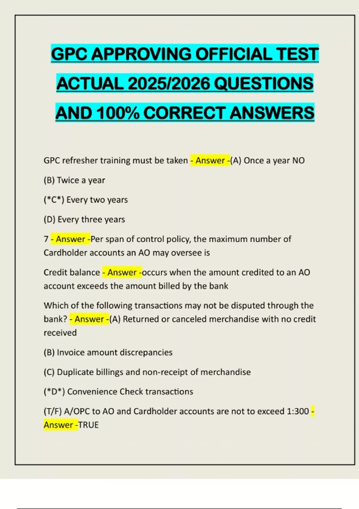 GPC APPROVING OFFICIAL TEST ACTUAL 2025/2026 QUESTIONS AND 100% CORRECT ...