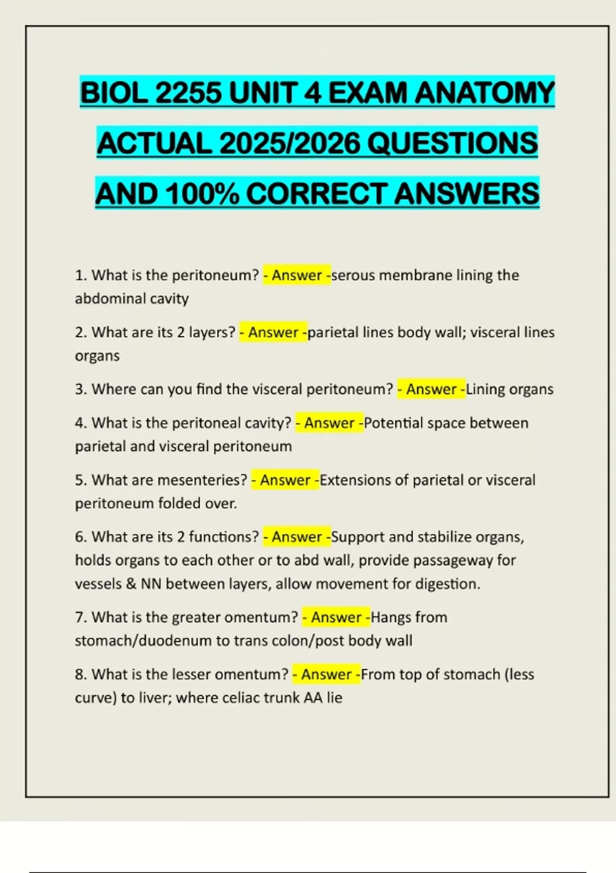 BIOL 2255 UNIT 4 EXAM ANATOMY ACTUAL 2025/2026 QUESTIONS AND 100% ...
