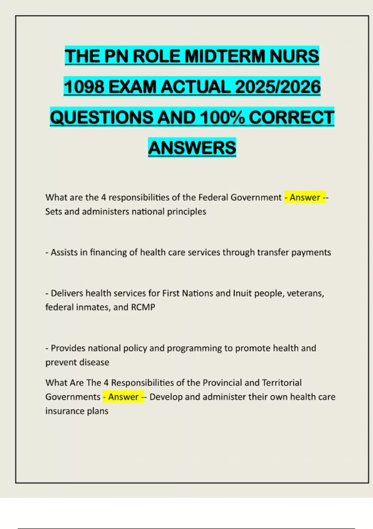 THE PN ROLE MIDTERM NURS 1098 EXAM ACTUAL 2025/2026 QUESTIONS AND 100% ...