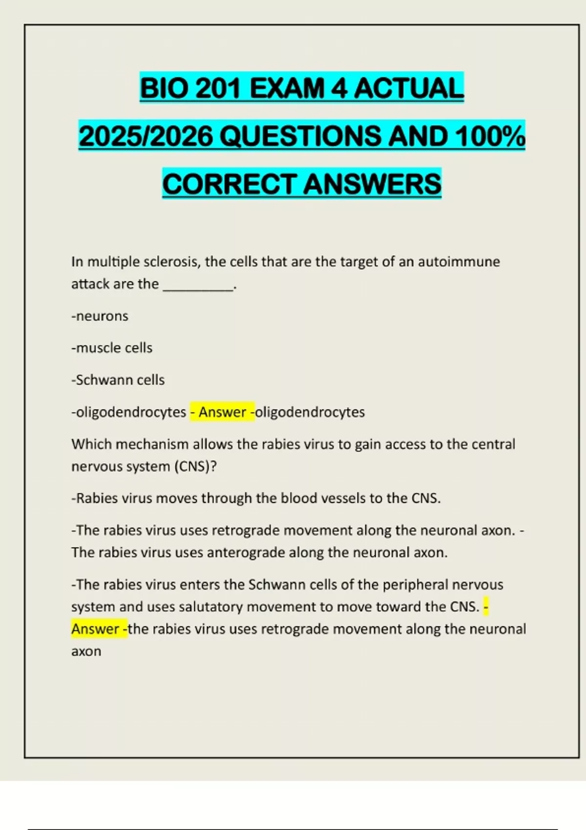 BIO 201 EXAM 4 ACTUAL 2025/2026 QUESTIONS AND 100% CORRECT ANSWERS ...