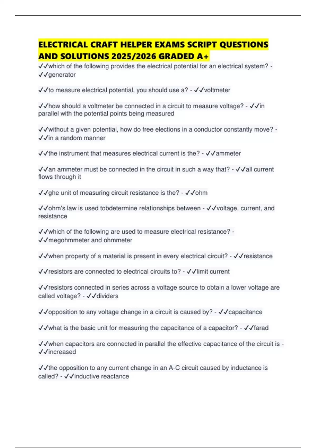 ELECTRICAL CRAFT HELPER EXAMS SCRIPT QUESTIONS AND SOLUTIONS 2025/2026 ...
