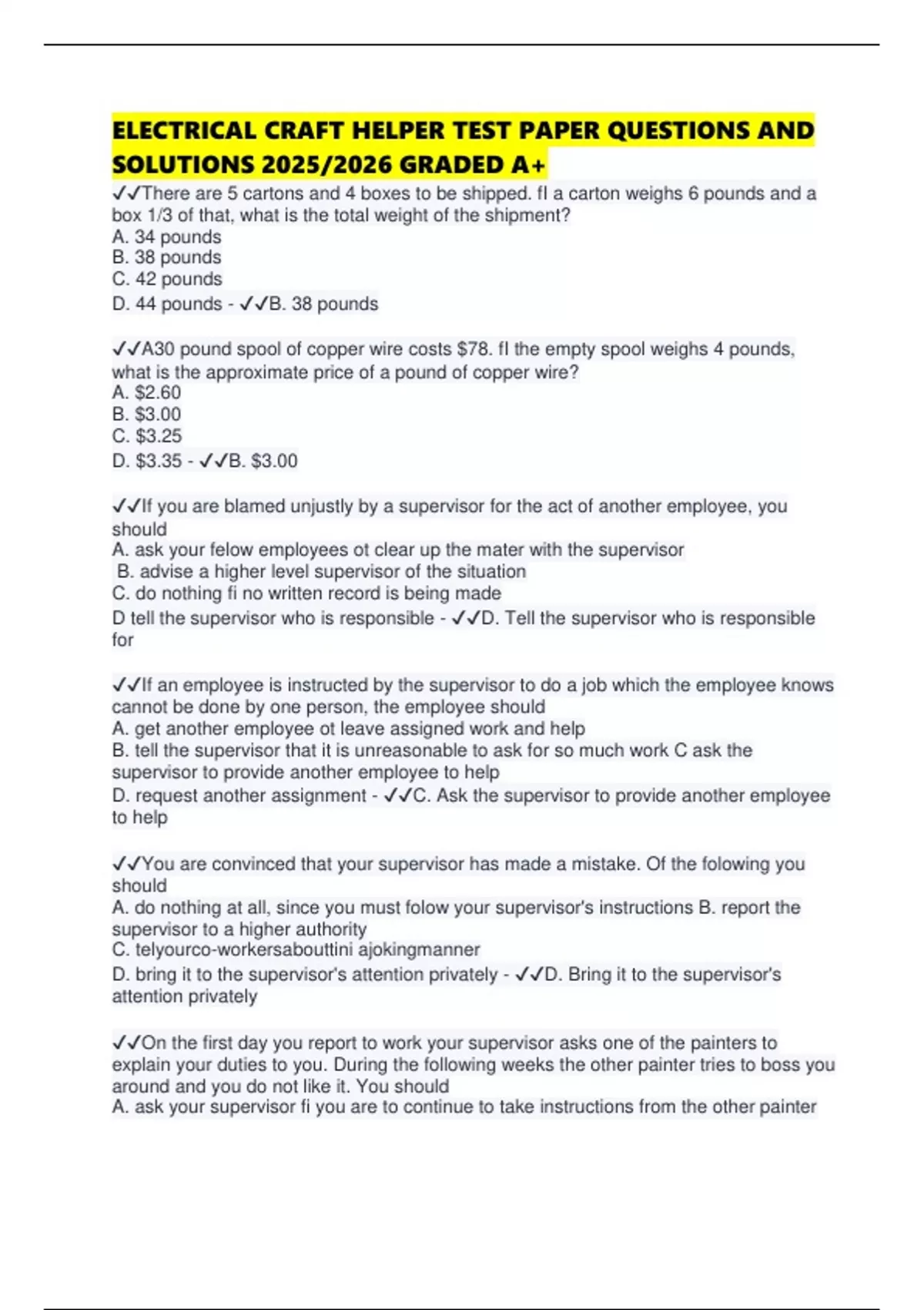 ELECTRICAL CRAFT HELPER TEST PAPER QUESTIONS AND SOLUTIONS 2025/2026 ...