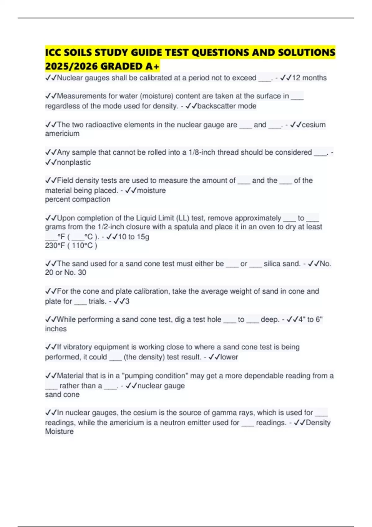 Soil Practical Test Questions ICC SOILS STUDY GUIDE TEST QUESTIONS AND SOLUTIONS 2025/2026 GRADED A+ ...