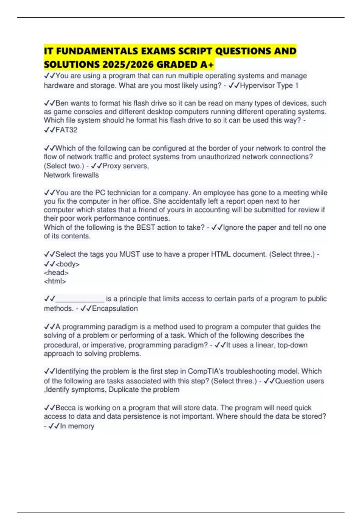 IT FUNDAMENTALS EXAMS SCRIPT QUESTIONS AND SOLUTIONS 2025/2026 GRADED ...