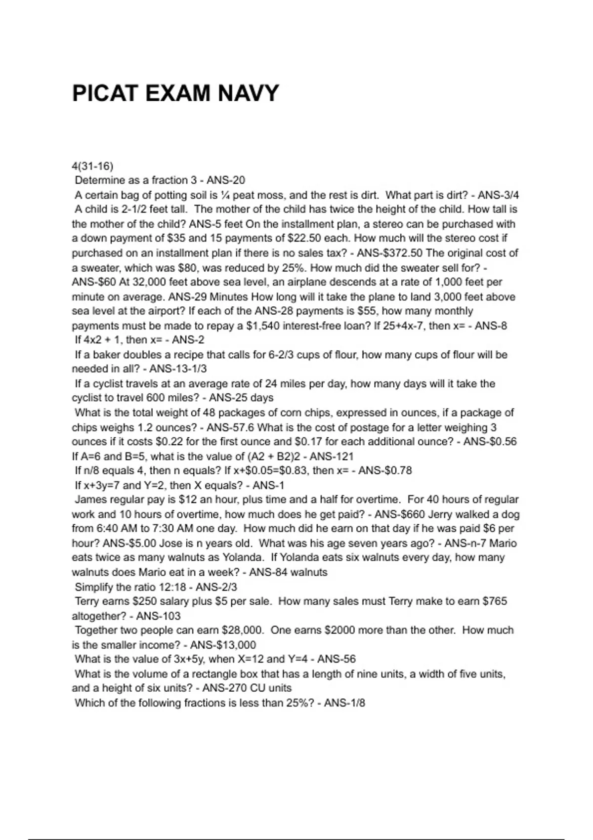 Picat Study Guide PICAT / ASVAB NEWEST 2025/2026 ACTUAL EXAM COMPLETE QUESTIONS AND ...
