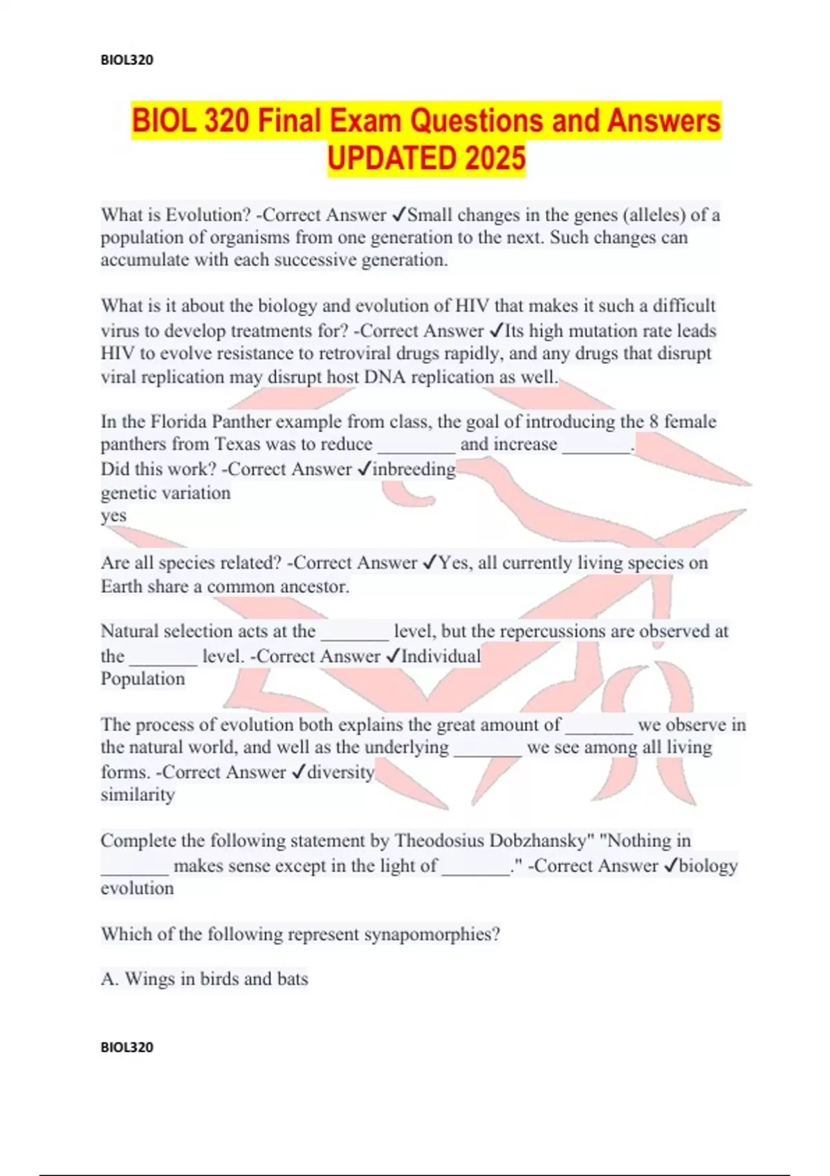 BIOL 320 Final Exam Questions and Answers UPDATED 2025 - BIOL 320 ...