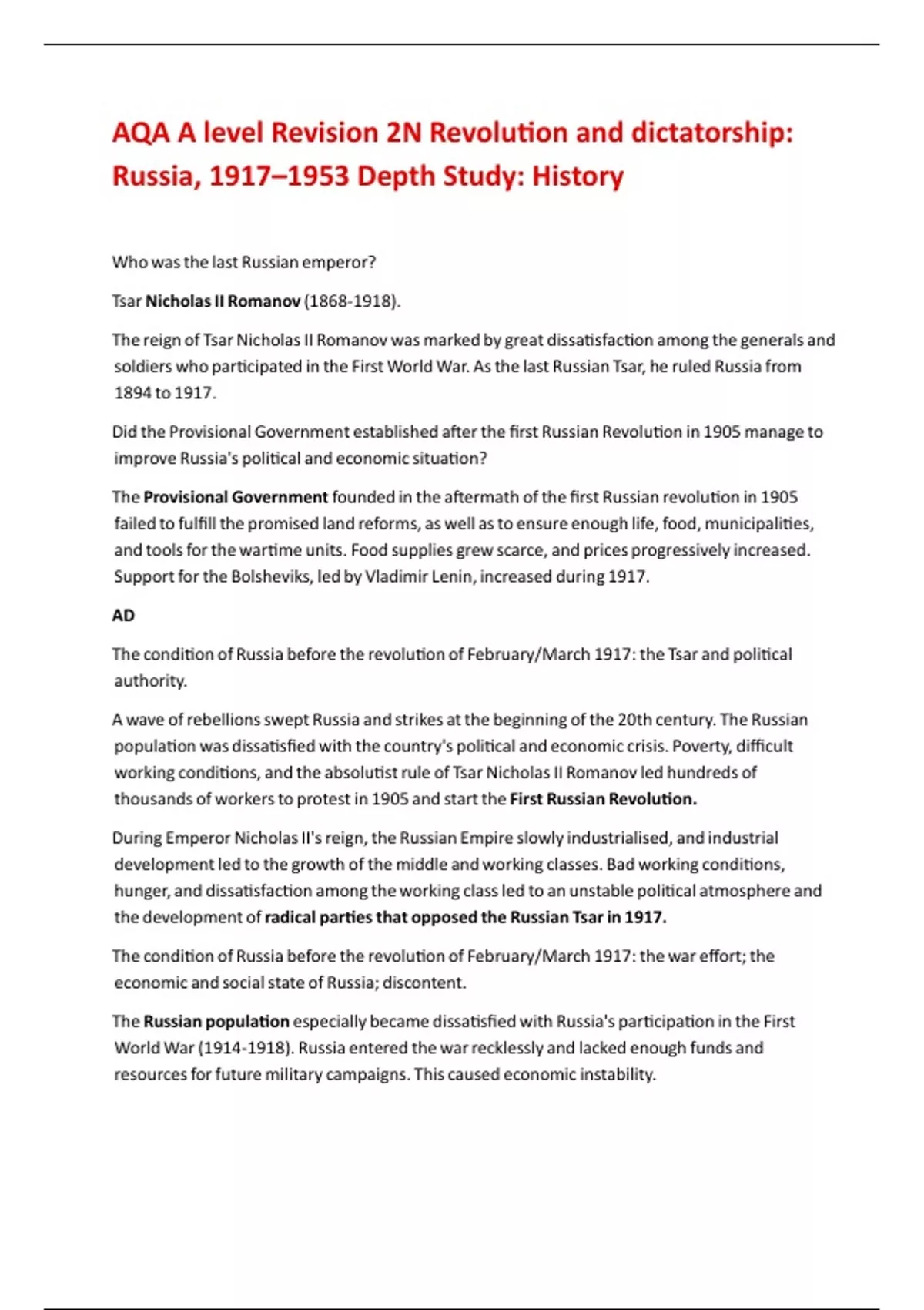 AQA A level Revision 2N Revolution and dictatorship: Russia, 1917–1953 ...