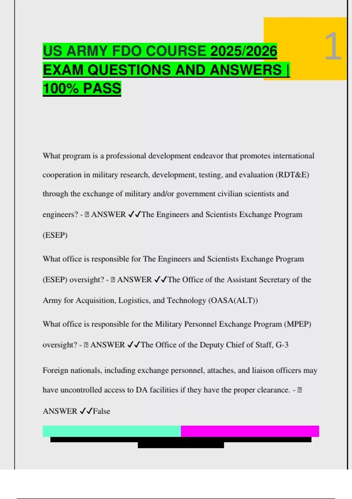 US ARMY FDO COURSE 2025/2026 EXAM QUESTIONS AND ANSWERS | 100% PASS ...