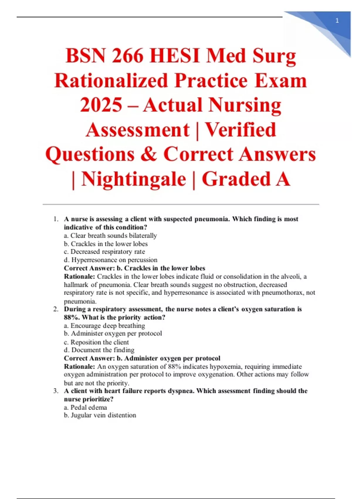 BSN 266 HESI Med Surg Rationalized Practice Exam 2025 – Actual Nursing ...
