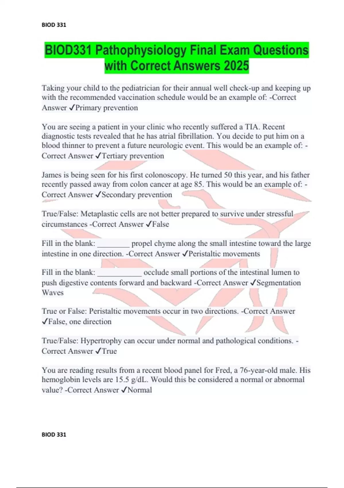 BIOD331 Pathophysiology Final Exam Questions with Correct Answers 2025 ...