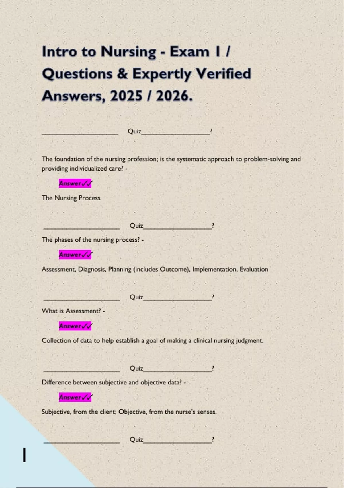 Intro to Nursing - Exam 1 / Questions & Expertly Verified Answers, 2025 ...