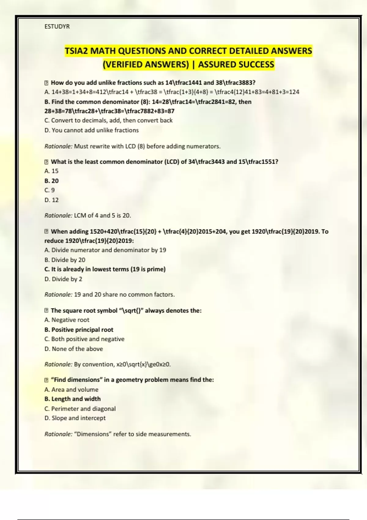 TSIA2 MATH QUESTIONS AND CORRECT DETAILED ANSWERS (VERIFIED ANSWERS ...