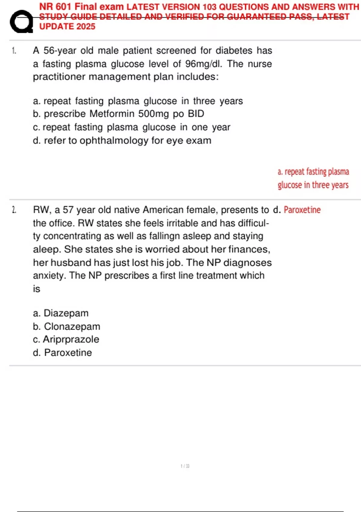 NR 601 Final exam LATEST VERSION 103 QUESTIONS AND ANSWERS WITH STUDY ...
