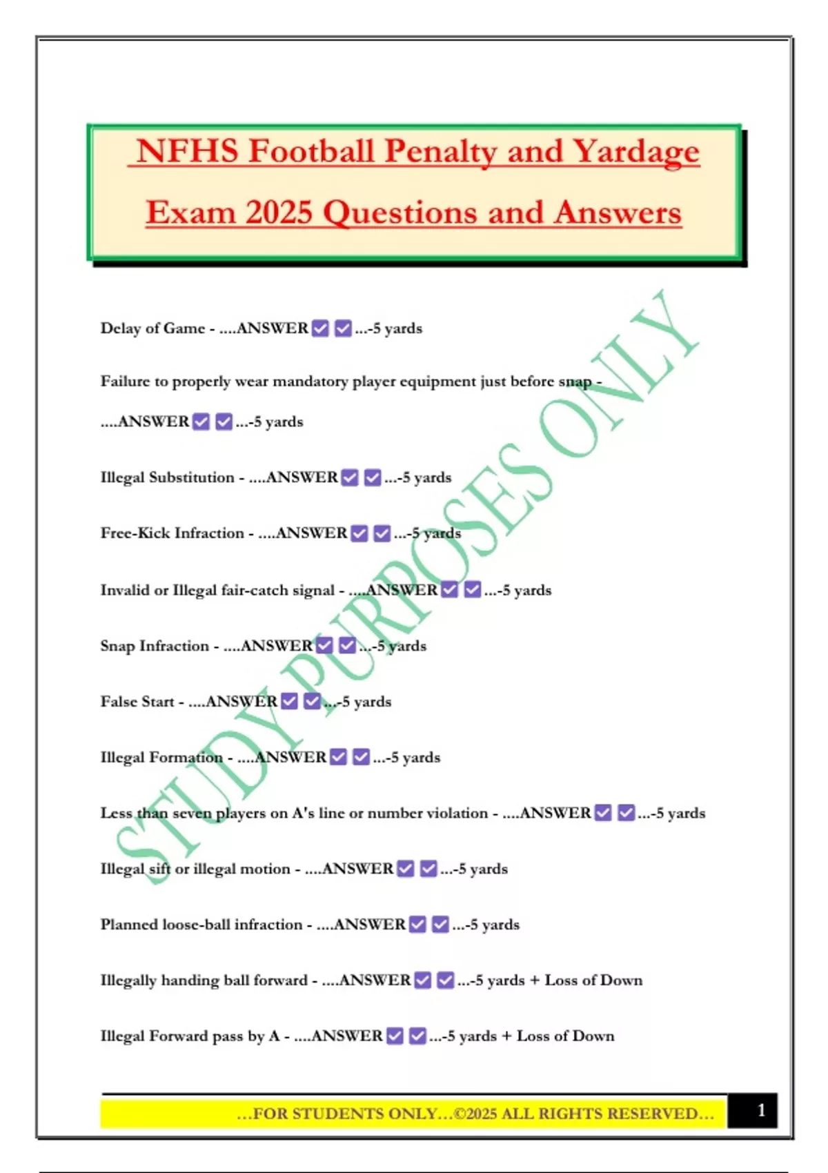 NFHS Football Penalty and Yardage Exam 2025 Questions and Answers