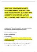 MARYLAND HOME IMPROVEMENT SALESPERSON EXAM PRACTICE EXAM WITH CORRECT ACTUAL QUESTIONS AND CORRECTLY WELL DEFINED ANSWERS LATEST ALREADY GRADED A&plus; 2025 - 2026