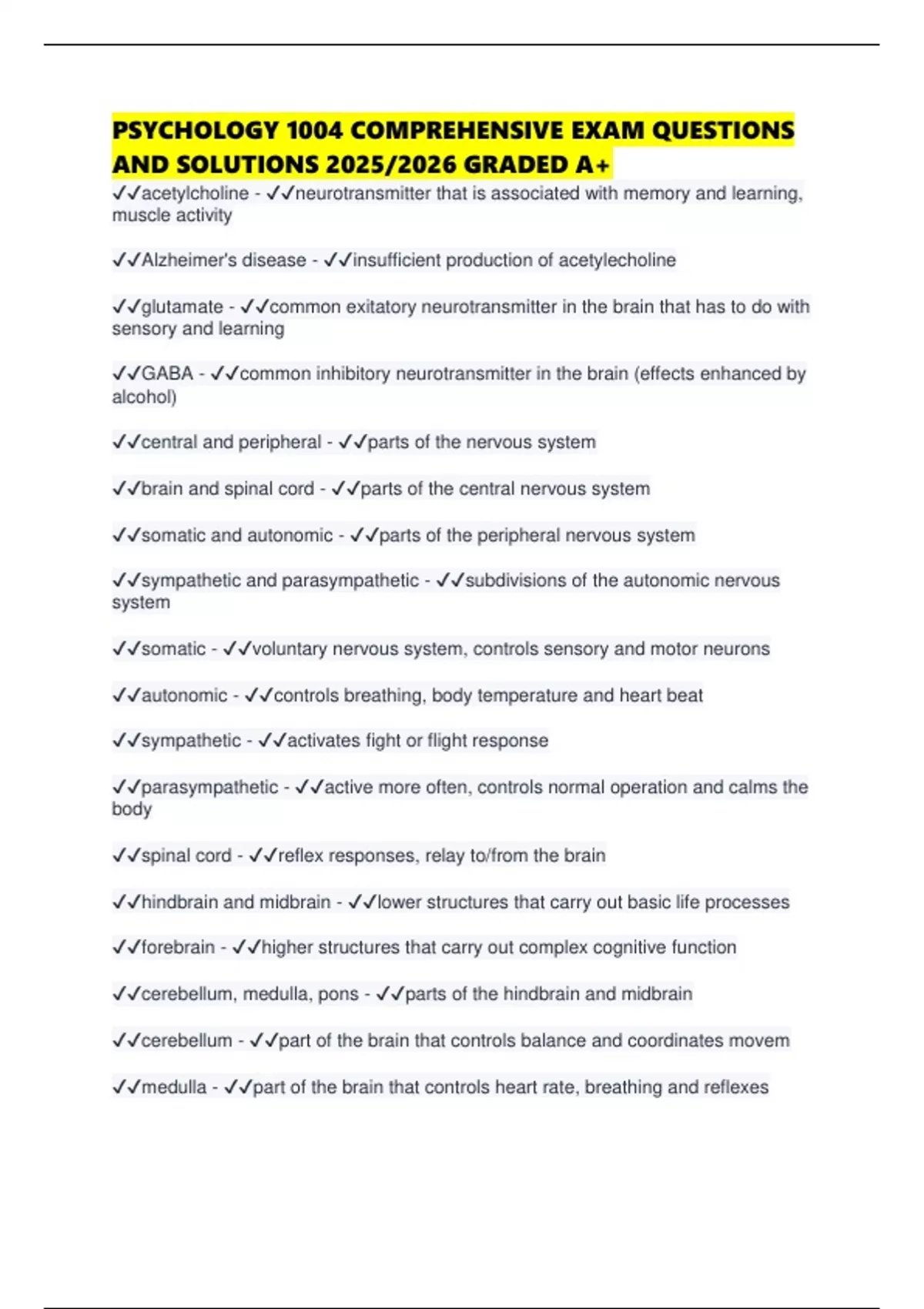 PSYCHOLOGY 1004 COMPREHENSIVE EXAM QUESTIONS AND SOLUTIONS 2025/2026 ...