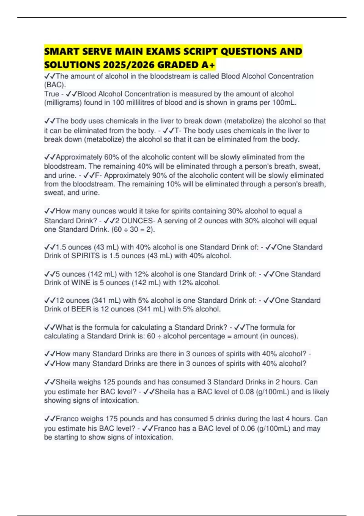 SMART SERVE MAIN EXAMS SCRIPT QUESTIONS AND SOLUTIONS 2025/2026 GRADED ...