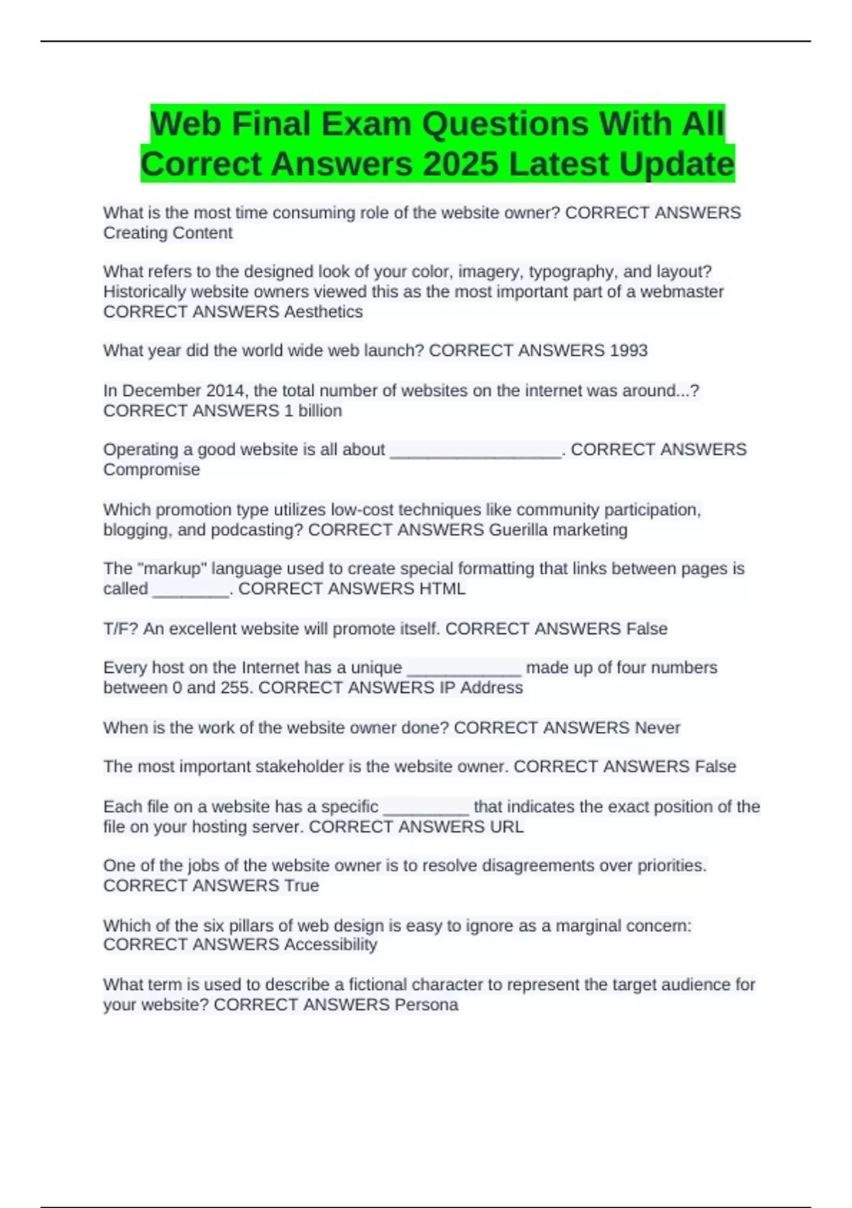 Web Final Exam Questions With All Correct Answers 2025 Latest Update ...