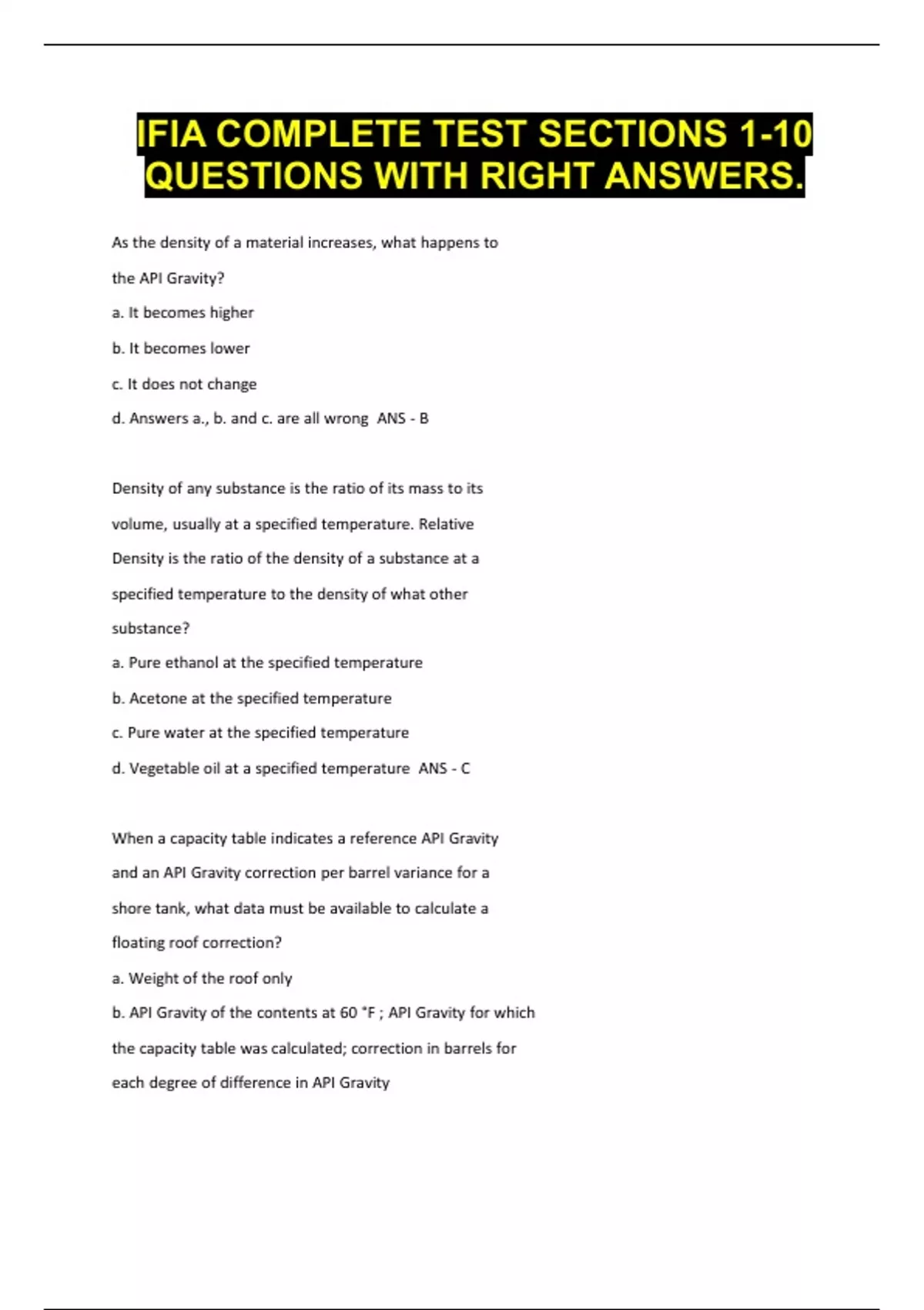 Ifom 1 Question Example IFIA COMPLETE TEST SECTIONS 1-10 QUESTIONS WITH RIGHT ANSWERS. - IOFM ...