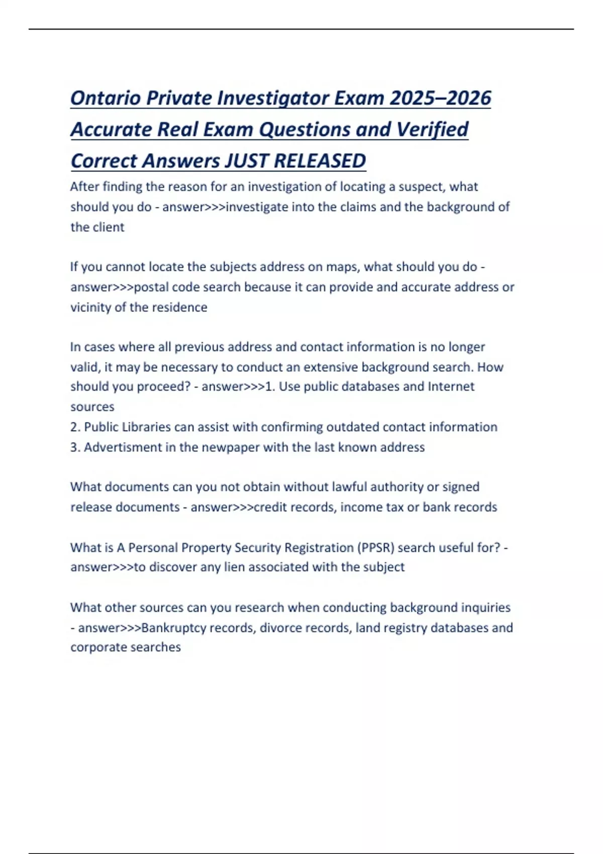 Ontario Private Investigator Exam 2025–2026 PI Licensing Accurate Real ...