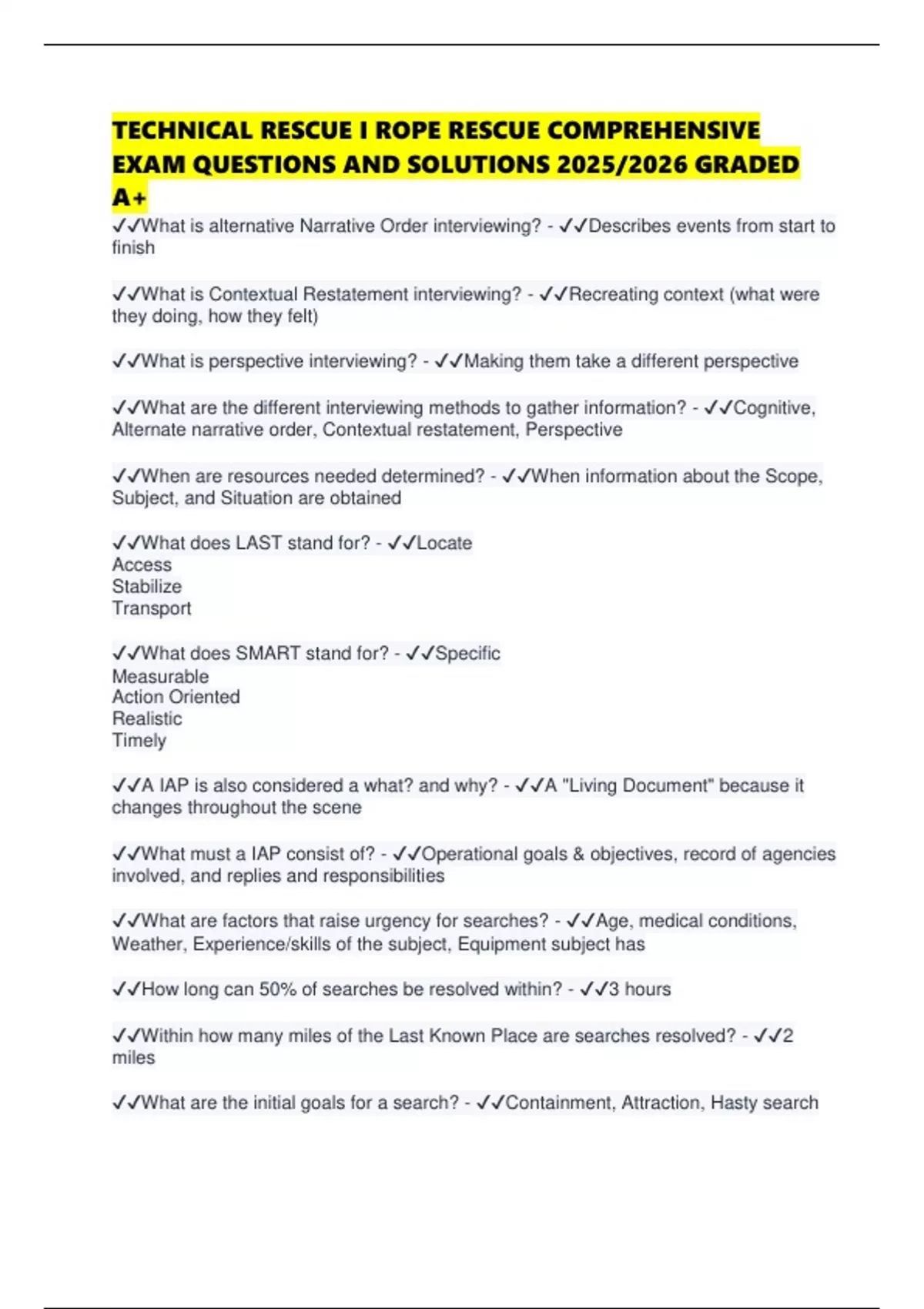 TECHNICAL RESCUE I ROPE RESCUE COMPREHENSIVE EXAM QUESTIONS AND ...