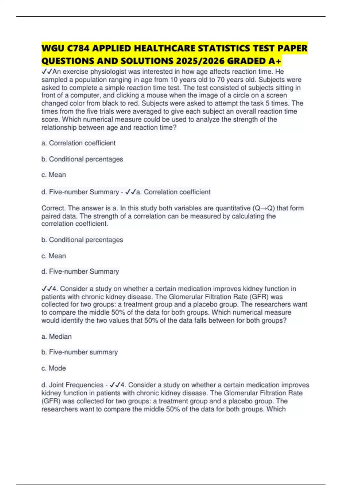 WGU C784 APPLIED HEALTHCARE STATISTICS TEST PAPER QUESTIONS AND ...
