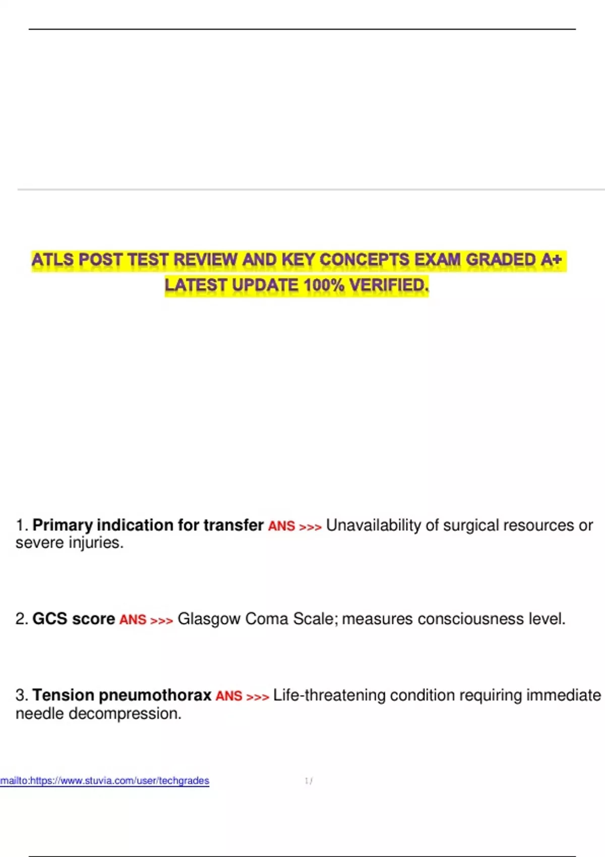 Test Update ATLS POST TEST REVIEW AND KEY CONCEPTS EXAM GRADED A+ LATEST UPDATE 100 ...