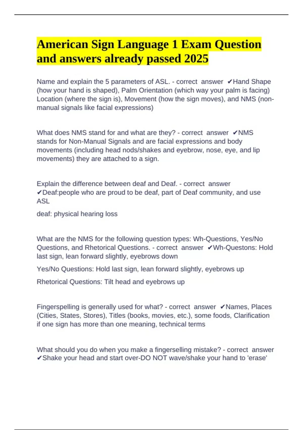 American Sign Language 1 Exam Question and answers already passed 2025 ...