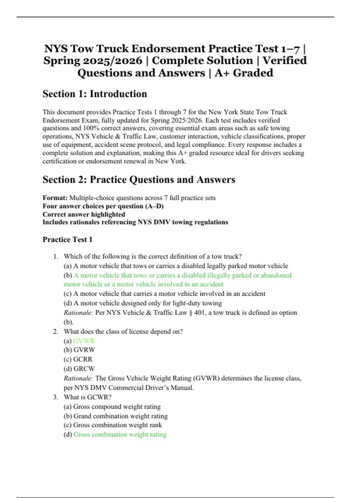 NYS Tow Truck Endorsement Practice Test 1–7 – Spring 2025/2026 – Complete Solution – Verified ...