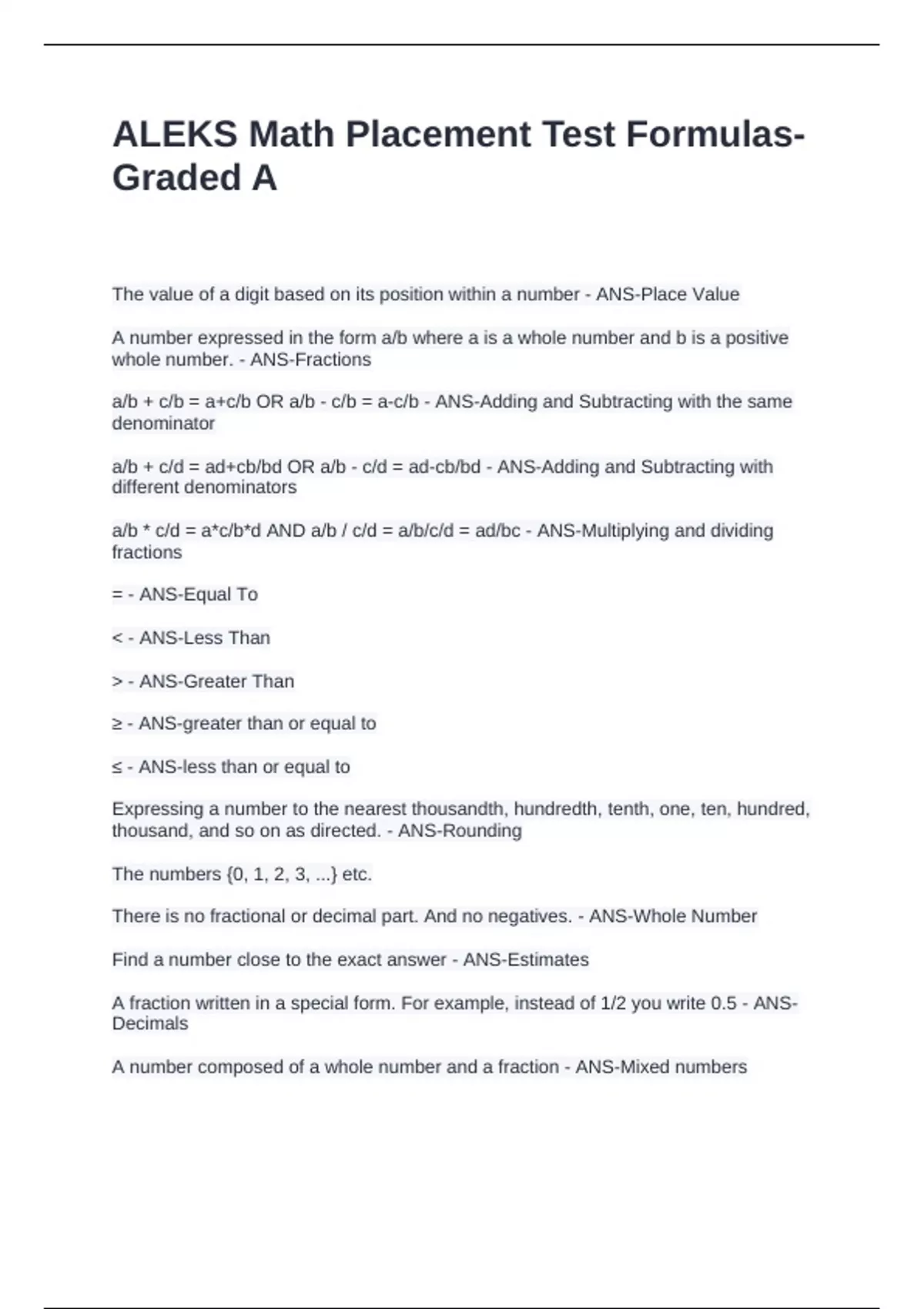 ALEKS Math Placement Test Formulas-Graded A - ALEKS - Stuvia US