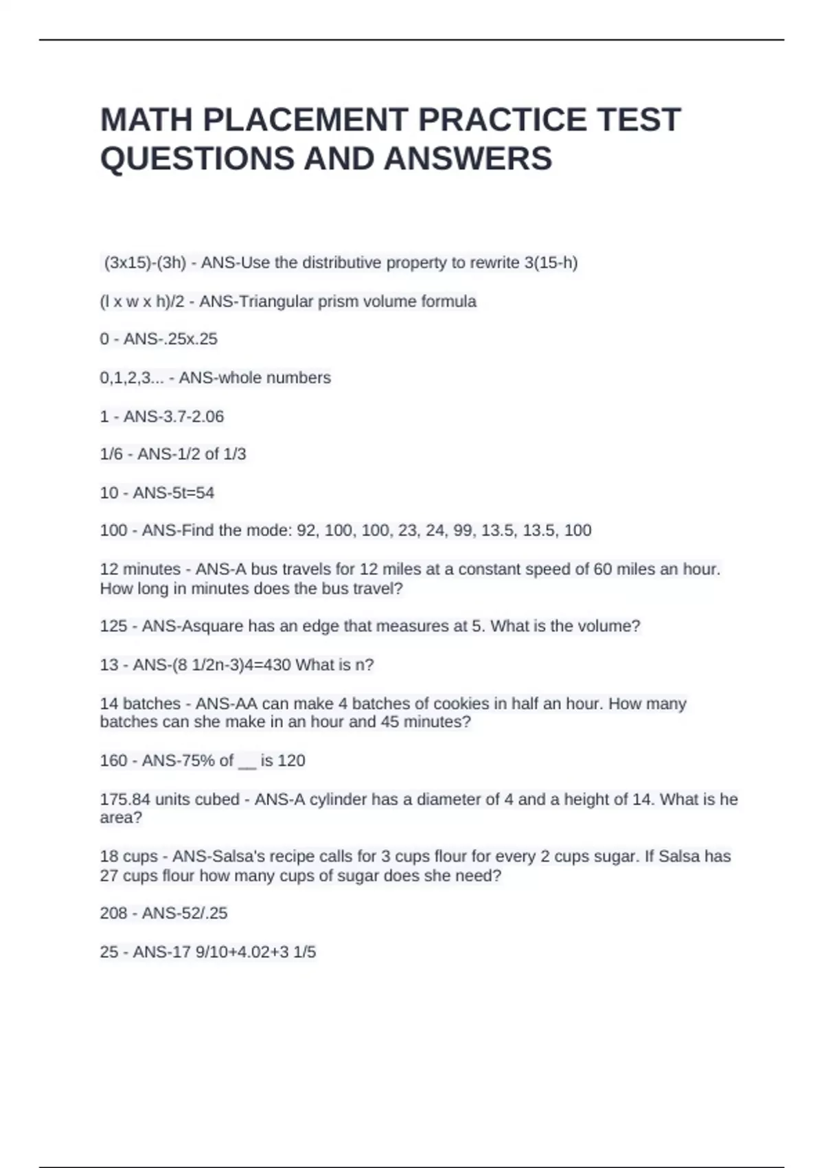MATH PLACEMENT PRACTICE TEST QUESTIONS AND ANSWERS - ALEKS - Stuvia US