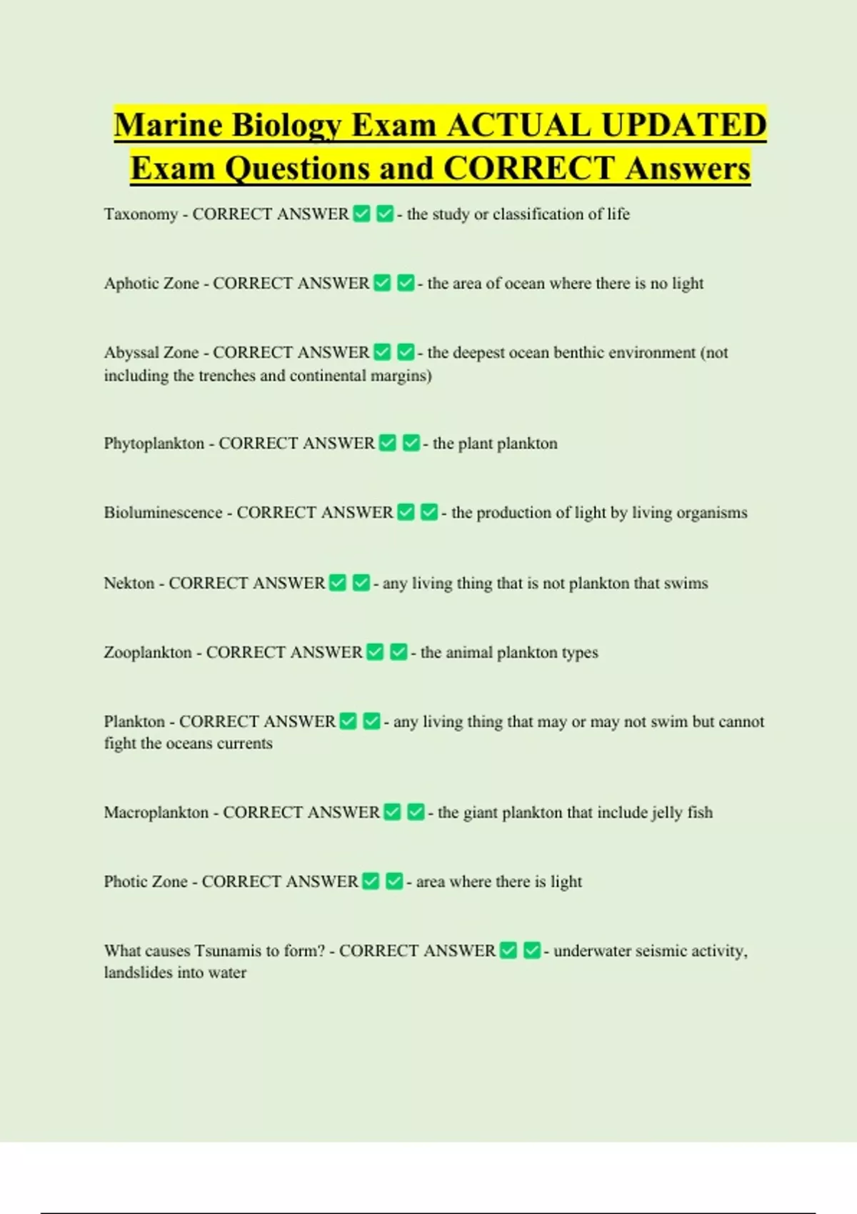 Marine Biology Exam ACTUAL UPDATED Exam Questions and CORRECT Answers ...