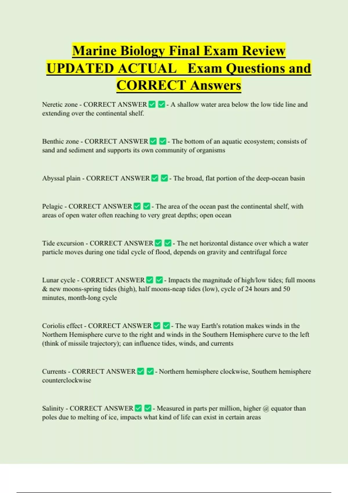 Marine Biology Final Exam Review UPDATED ACTUAL Exam Questions and ...